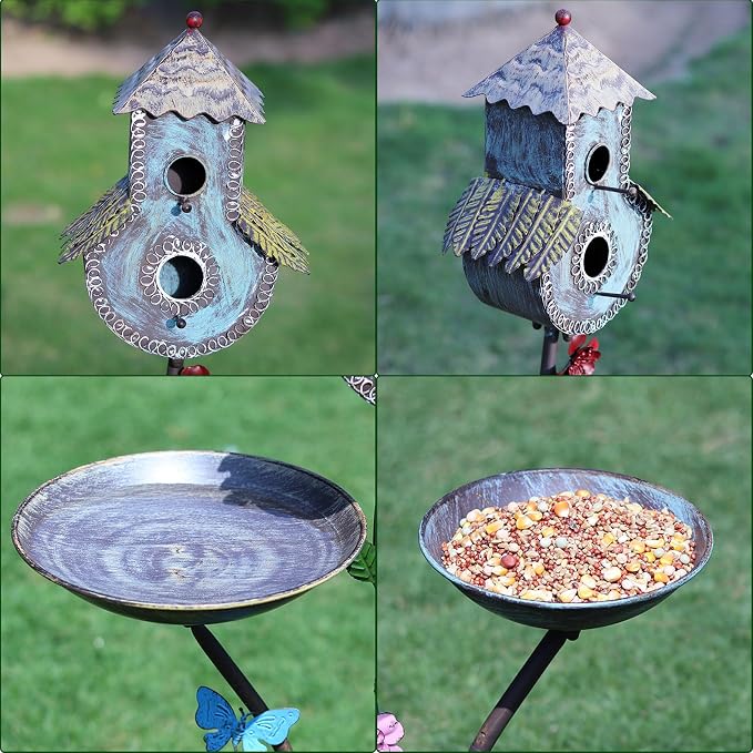 HLQMFHT 38" H Birdbaths for Outdoors,Metal Bird Feeder and Bird Houses for Outside,3-in-1,Garden Yard Decor