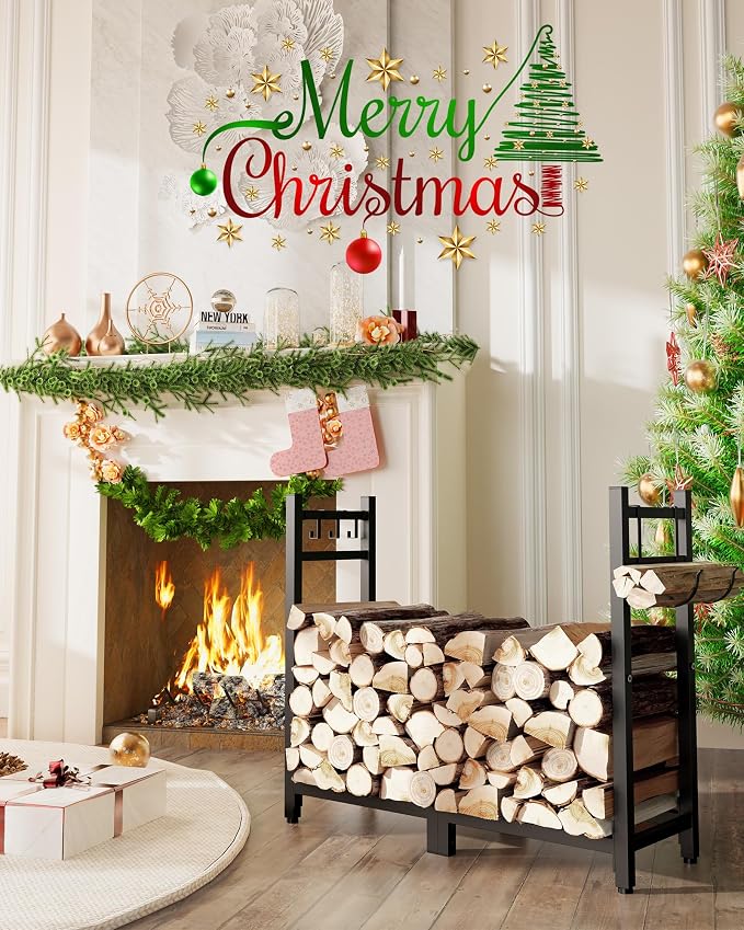 Brightown 34inch Firewood Rack Indoor with Log Carrier, Outdoor Wood Rack for Firewood,Fire Wood Storage with Kindling Hooks, Adjustable Pads, Heavy Duty Logs Holder for Fireplace Deck Outdoor, Black