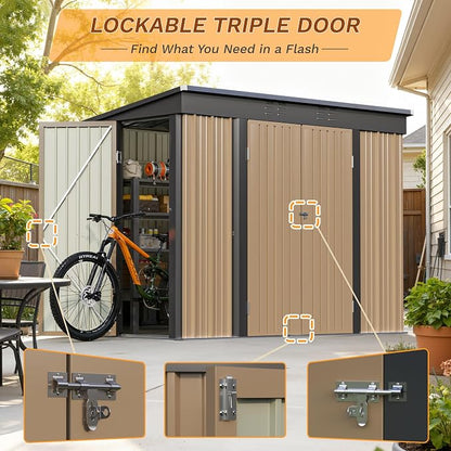 Greesum 8x4FT Outdoor Storage Shed, Metal Shed with Triple Lockable Door, Utility Tool Storaged Garden Shed with Slopping Roof for Patio Storage, Brown
