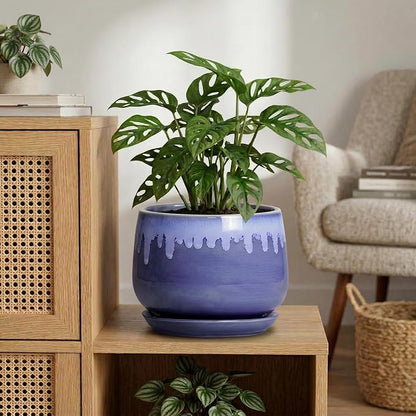 Ceramic Planter for Plants- 9 Inch Plant Pots Indoor with Drainage and Saucer, Decorative Planters, Durable Round Indoor Flower Pot, Garden Room Decor, Plant Gifts for Women Men, Blue