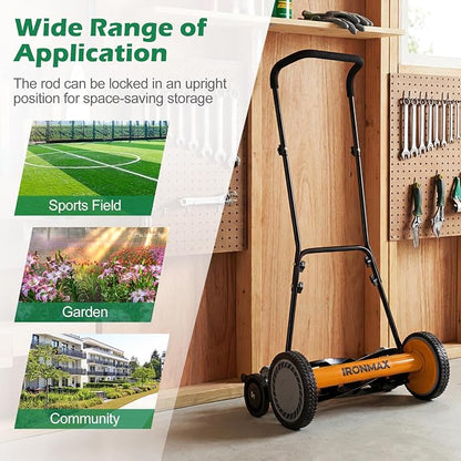 IRONMAX 18 Inch 5-Blade Push Reel Lawn Mower, 9-Level Adjustable Cutting Heights, Removable Grass Catcher, Lightweight No Motor Walk-Behind Manual Grass Cutter for Garden Yard Park (Orange, 18 Inch)