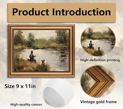 Devunaty Gold Framed Vintage Wall Art Boy Fishing Wall Decor Paintings Funny Dog and Boy Landscape Canvas Print Picture Retro Country Farmhouse Artwork for Kids Bedroom Living Room Decor 12"x16"