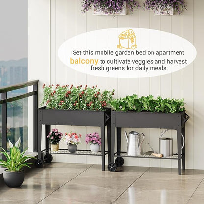 31.9" Tall Mobile Raised Garden Bed on Wheels, Metal Elevated Planter Box with Handles, Lower Storage Shelf & 5 Drain Holes for Vegetables Herbs Flowers,Garden Patio Balcony Backyard Garage
