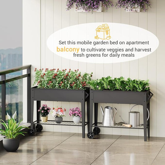 31.9" Tall Mobile Raised Garden Bed on Wheels, Metal Elevated Planter Box with Handles, Lower Storage Shelf & 5 Drain Holes for Vegetables Herbs Flowers,Garden Patio Balcony Backyard Garage
