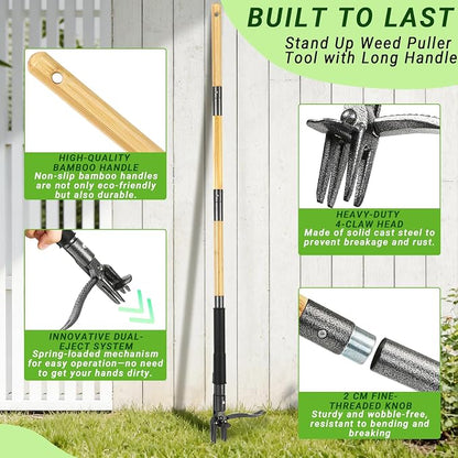 57.5" Weed Puller Tool for Lawn Yard, Dual-Eject Mechanism with Bag | 4-Claw Steel Head,Adjustable 57.5" Bamboo Long Handle,Supports a weight of 265 lbs,Includes 16 Gallon Leaf Bag