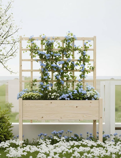 Jojoka Wooden High-Legged Raised Garden Bed with Climbing Trellis, Elevated Planter Box for Vegetables, Herbs, Flowers, Patio, Backyard
