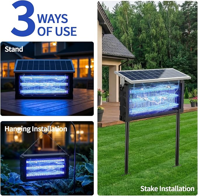 2026 Solar Mosquito Zapper Outdoor Bug Zapper Outdoor Solar 4500V Waterproof Electric Fly Trap with Panel Sensor & Indoor Insect Zapper for Home Backyard Patio Camping Garden (1 Unit)