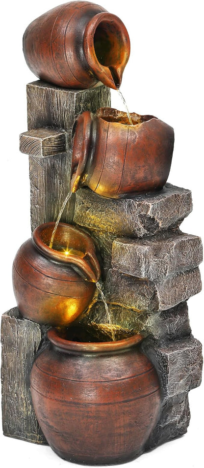 AUTODAYA 31.5" H Outdoor Water Fountain with LED Lights | Farmhouse Style Water Feature with Cascading Waterfall for Patio, Porch, or Yard