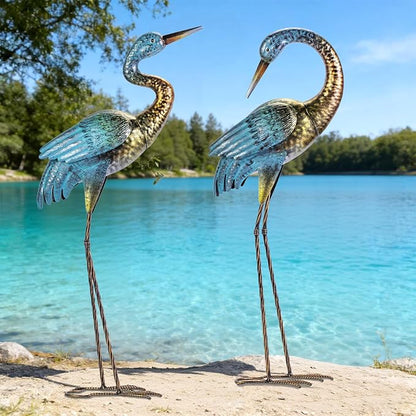 Natelf Garden Crane Statues Outdoor, Standing Blue Heron Decoy Sculptures, Metal Bird Yard Art for Lawn Patio Backyard Decoration(Set of 2)