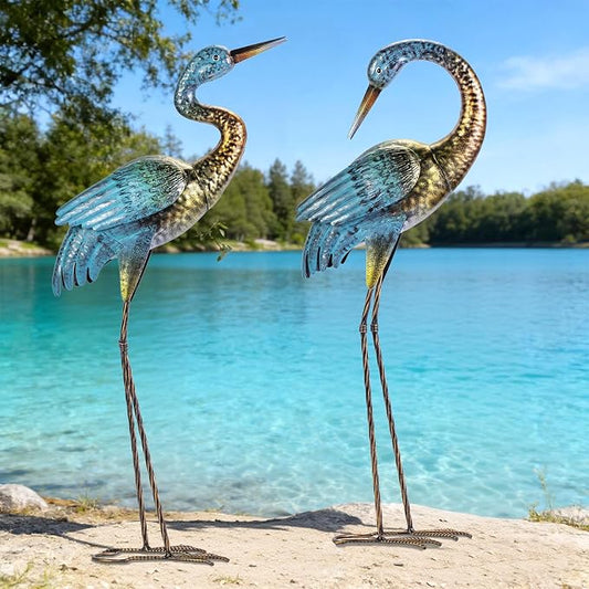 Natelf Garden Crane Statues Outdoor, Standing Blue Heron Decoy Sculptures, Metal Bird Yard Art for Lawn Patio Backyard Decoration(Set of 2)