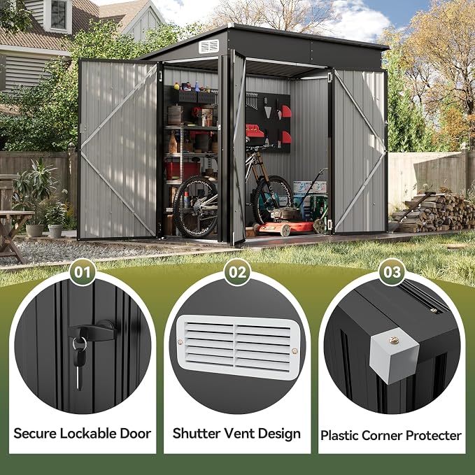 7.5'x4' Outdoor Shed with 3-Lockable Door Black | Heavy-Duty Galvanized Metal Garden Storage for Bikes, Tools, Garden, Patio