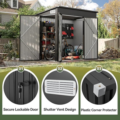 7.5'x4' Outdoor Shed with 3-Lockable Door Black | Heavy-Duty Galvanized Metal Garden Storage for Bikes, Tools, Garden, Patio