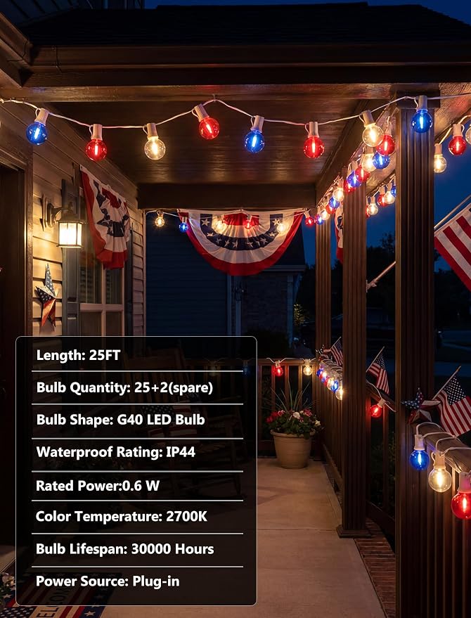 4th of July G40 LED Red White and Blue Lights, 25ft Outdoor String lights | Hanging Patio Lights with 27 Shatterproof Round Bulbs, Plug in, Connectable, Independence Day Decoration Patriotic Party