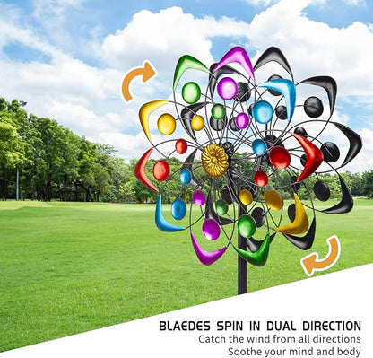 Viveta Kinetic Wind Spinner, 59 inch Outdoor Metal Windmills for Yard Garden, Double Wind Sculpture with Stable Stake, Multi-Color | Double Wind Sculpture with Stable Stake, Multi-color, for Yard and Garden