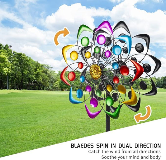 Viveta Kinetic Wind Spinner, 59 inch Outdoor Metal Windmills for Yard Garden, Double Wind Sculpture with Stable Stake, Multi-Color | Double Wind Sculpture with Stable Stake, Multi-color, for Yard and Garden