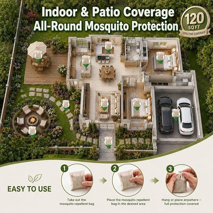 Mosquito Repellent Pouches Indoor Home Outdoor Patio, 60 Days Long-Lasting, Mosquito Repellent Bags for Yard, Garage, Bedroom, Fresh Mint Scent, Non Toxic, Kid & Pet Safe, Covers 120 sq ft, 10 Pack