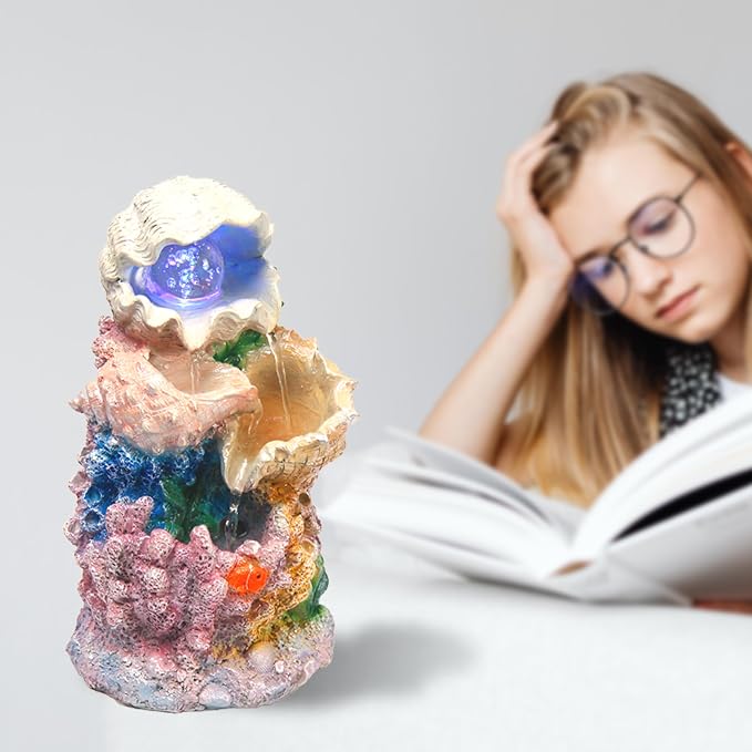 Tabletop Waterfall Fountain Indoor Themed Coral Seashell Tabletop Water Fountain Meditation (Ocean)