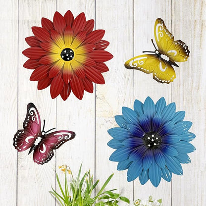Outdoor Metal Flowers Butterfly Wall Art Decor, Fence Wall Art Decoration, Suitable for Hanging Decoration on Outdoor Fences, Gardens, Courtyards, and Terraces (4, Colorful)