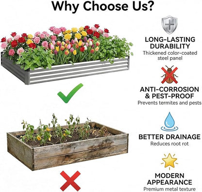 2PCS 6x3x1 FT Rectangle Metal Raised Garden Bed Kit, 0.5mm Thickened Silver Color-Coated Galvanized Steel Outdoor Planter Box, Elevated Metal Raised Planters for Flowers, Vegetables, Fruits, Herbs