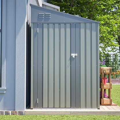 YOPTO 4x7 FT Lean to Storage Shed, Outdoor Metal Wall Side Storage Sheds with Lockable Door,Small Garden Tool Shed for Backayrd, Patio,Lawn,Easy Assembly,Gray