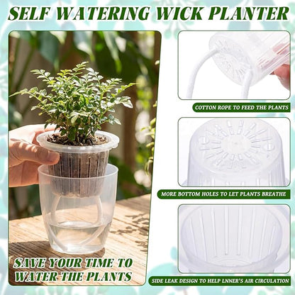 18pcs Self Watering Pots 3.5inch Plastic Flower Plant Pot with Inner Pot Self Watering Wick Planter White Clear Flower Pots for Indoor House Plants Herbs, Flowers, Succulents(Transparent)