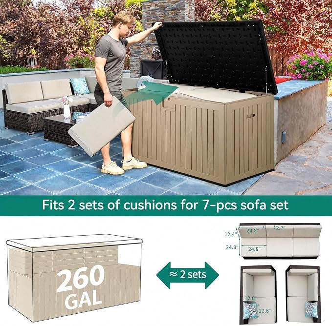 YITAHOME XXL 260 Gallon Large Deck Box | Outdoor Storage for Patio Furniture Cushions,Garden Tools and Pool Equipment with Flexible Divider,Waterproof,Lockable