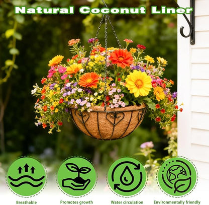 2 Pack 12 Inch Black Metal Hanging Basket Hanging Planter with Coco Coir Liner Heavy Duty Hanging Flower Pot Holder for Indoor Outdoor Patio Garden Porch Balcony Decor (Heart-Shaped)