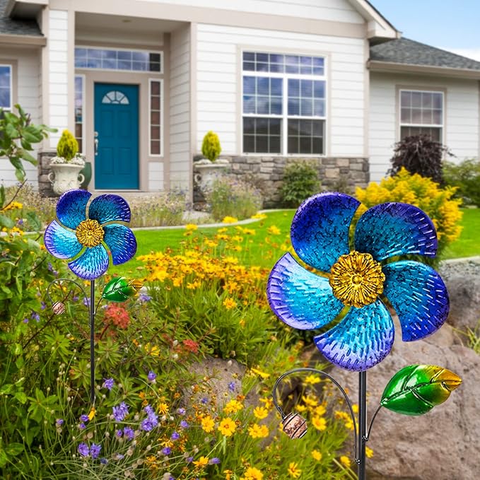 Viveta 2 Pack Wind Spinners with Metal Stake, Outdoor Garden Pinwheels | Blue Flower Shape Design Garden Spinners for Yard Lawn Patio Decor ,28.7 inches
