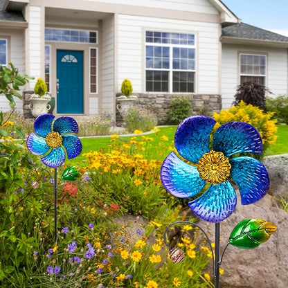 Viveta 2 Pack Wind Spinners with Metal Stake, Outdoor Garden Pinwheels | Blue Flower Shape Design Garden Spinners for Yard Lawn Patio Decor ,28.7 inches