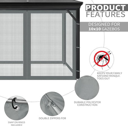 Gazebo Universal Replacement Mosquito Netting, Outdoor Mesh Netting Screen 4-Panel Sidewall with Zipper for Patio, Canopy, Garden and Backyard, Gray(Mosquito Net Only) (Gray, 10' x 10')
