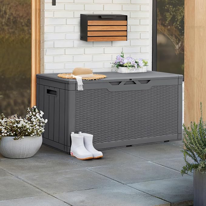 Greesum 100 Gallon Resin Patio Storage Box for Garden Tools, Outdoor Furniture Cushions, Pool Supplies, Gray