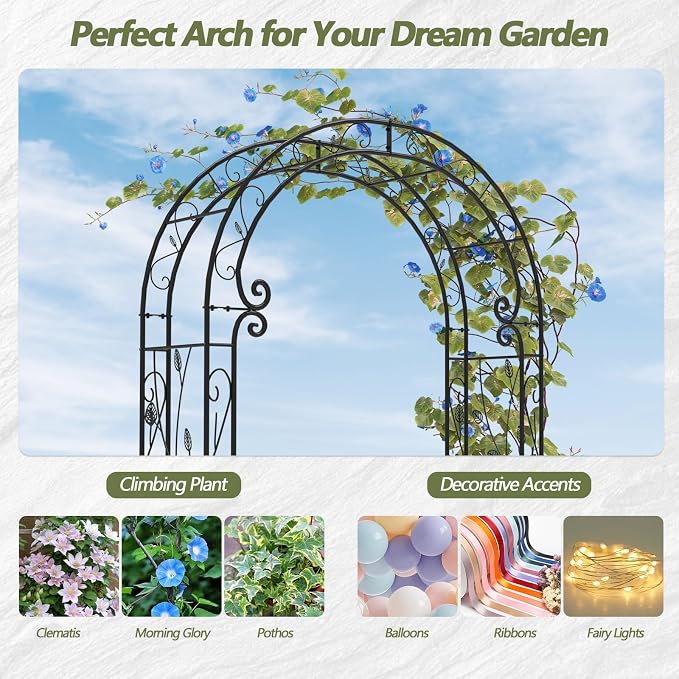 Garden Arch – 51"(L) x 88"(H) Metal Arbor, Thickened Rust-Proof Steel Pipe, Garden Gate Arch for Backyard Entry, Trellis for Climbing Plants Outdoor, Walkway Arbor for Yard, Patio, Courtyard