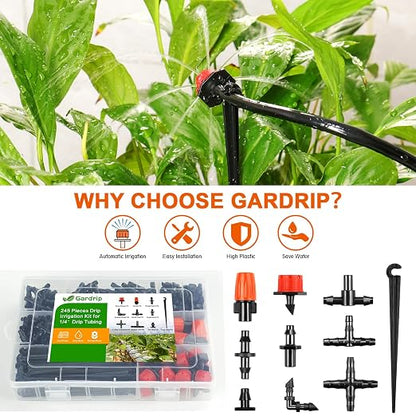 245 Pcs Drip Irrigation Fittings Kit for 1/4" Tubing：Gardrip 1/4 Inch Drip System Barbed Connectors (Nozzles, Nozzle Tees, Drippers, Single Barbs, Couplings, Tees, Elbows, Plugs, Crosses, Drip Stakes)