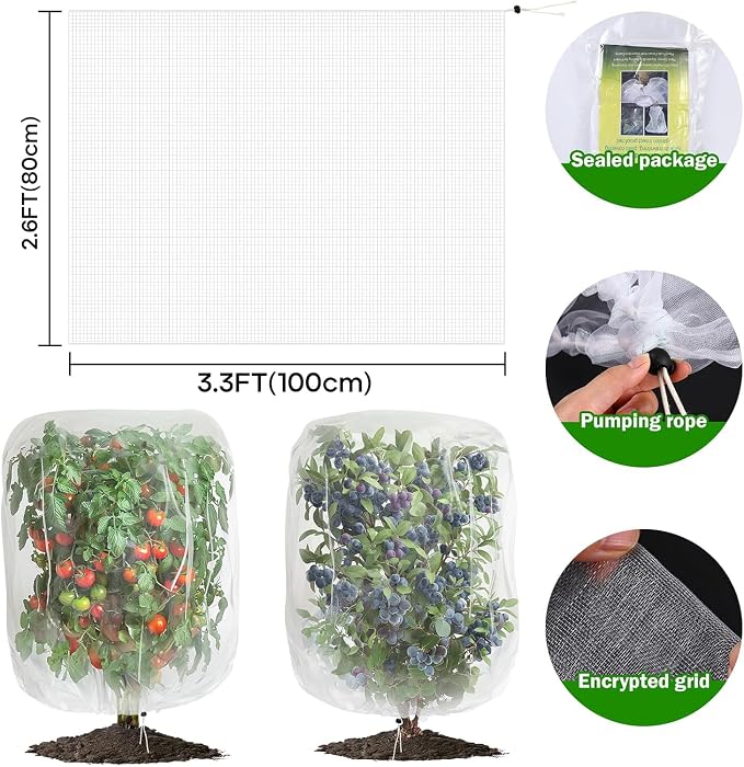 2 PCS Large Fruits Tree Netting Cover for Garden 2.6 x 3.3 ft Garden Insect Bird Barrier Plant Netting for Tomato Blueberry Bush Netting Covers Deer Cicada Netting Cover Bag with Drawstring