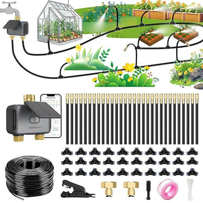 120FT Drip Irrigation System with WiFi Solar Water Timer, Automatic Garden Watering Kit with Dual Metal Tube Brass Connectors, 360° Adjustable Nozzles for Garden, Greenhouse & Lawn