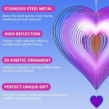 Stainless Steel Wind Spinner Outdoor Garden Decor, Gifts for Women Mom, 3D Metal Reflective Hanging Wind Spinners Sculpture for Outside Patio Garden Yard Porch Decorations (Colorful Heart, 12 Inch)