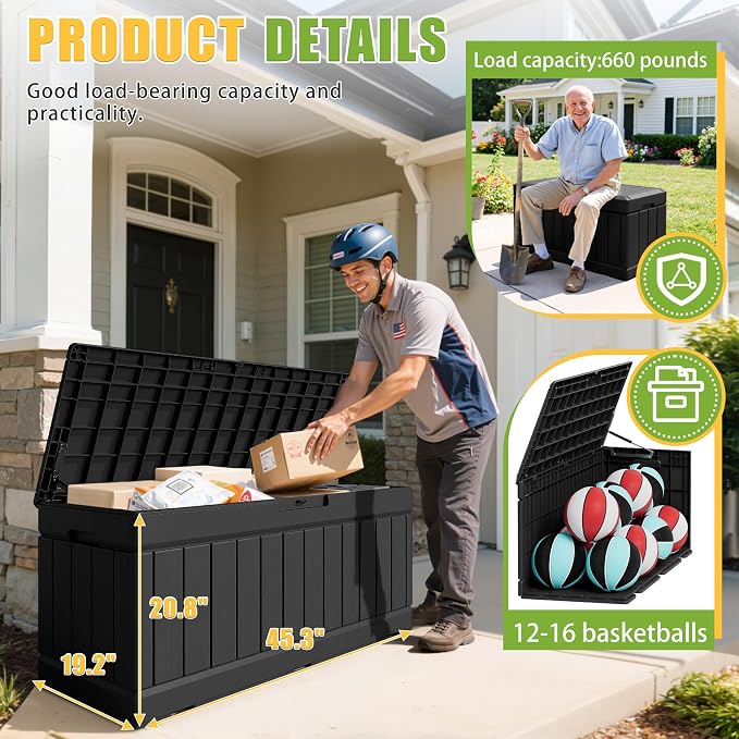 Greesum Outdoor Storage Box 82 Gallon Storage Bin with Lid for Patio Furniture, Garden Tools, Pool Supplies, Waterproof and UV Resistant, Lockable, Black