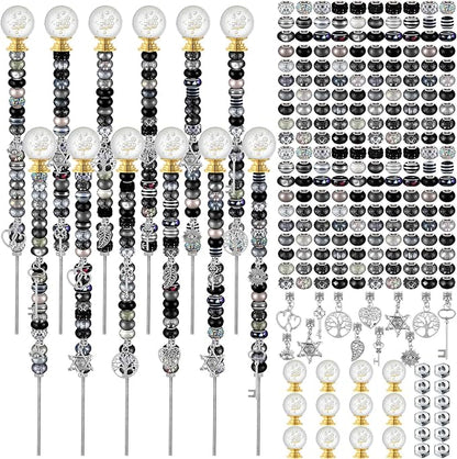 Tigeen 236 Pcs Garden Stake DIY Fairy Wand Plant Stake with 12 Colorful Crystal Stopper Top 12 Threaded Rod with 200 Large Hole Bead for Spring Summer Holiday Outdoor Decorations(Dark Witchy)