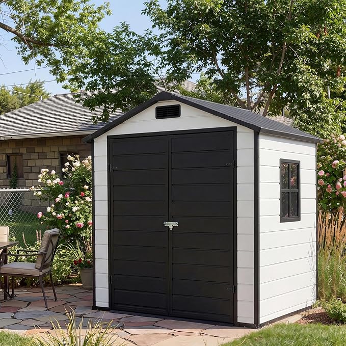 6x4 ft Outdoor Resin Storage Shed with Floor, Lockable Door & Window, Sloping Roof, Plastic Outdoor Sheds with Floor Garden Shed for Backyard Patio Lawn Mower Bike Tool Storage