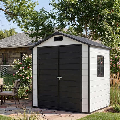 6x4 ft Outdoor Resin Storage Shed with Floor, Lockable Door & Window, Sloping Roof, Plastic Outdoor Sheds with Floor Garden Shed for Backyard Patio Lawn Mower Bike Tool Storage