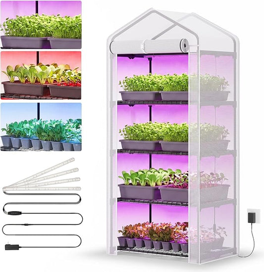 Superlele Mini Greenhouse with Grow Light, 4 Tier Greenhouse for Indoor Outdoor, 27"x19"x62" Portable Plant Green House with 4pcs LED Grow Light, Grow Tent for Seedlings, Flowers & Herbs, White