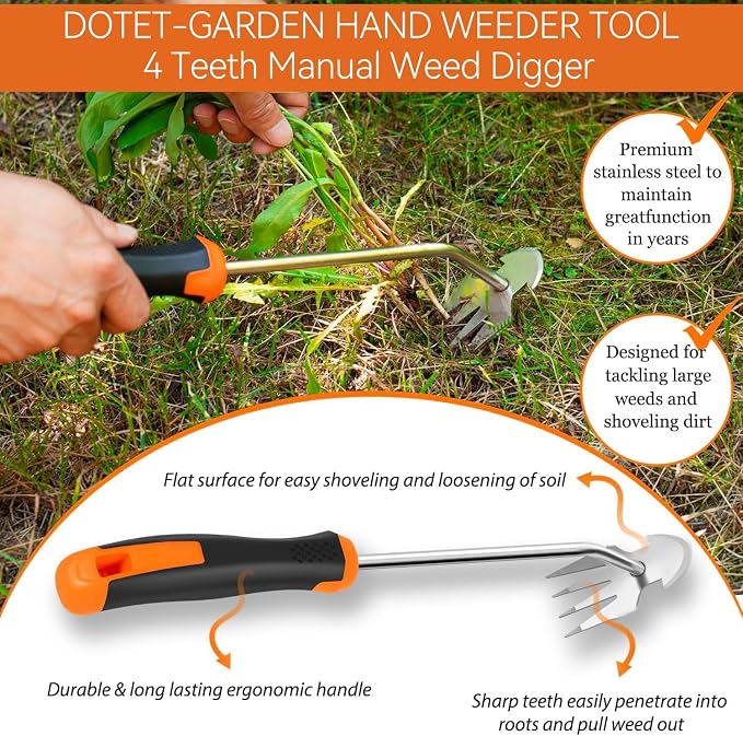 Manganese Steel Hand Weeder, Heavy-Duty 4-Tooth Gardening Tool for Tough Weeds & Soil Loosening, Ergonomic Non-Slip Grip for Garden Beds & Vegetable Plots (red)