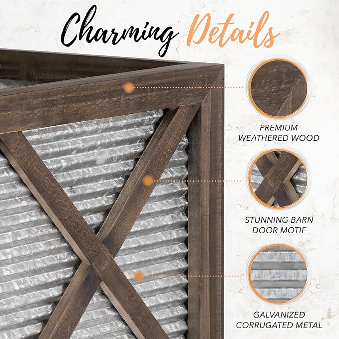 Autumn Alley Front Porch Planters Set of 2, 15.7" & 10.2", Wood & Metal | Tabletop scale for steps &entryways, Galvanized corrugated metal, X-brace wood frame, Holds a standard nursery pot
