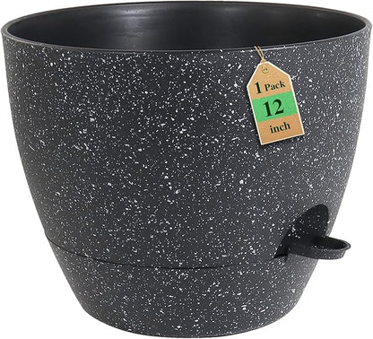 WSMKSZ 12 inch Large Self Watering Pots, Planter, Plant Pots with Mesh Drainage Holes for Indoor Outdoor House Plants and Garden, Plastic Flower Pots with Deep Reservoir, Speckled Black