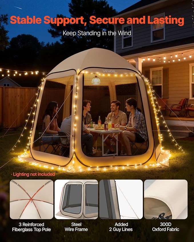 VEVOR Pop up Screen House Tent, 10 x 9.2 ft, 4-8 Person Screen Gazebo, Portable Screened in Canopy with Carry Bag, Netting Sides, Ground Stakes, for Garden, Patio, Backyard, Outdoor Activities, Beige
