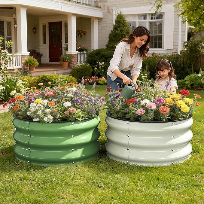 Pattiumo Galvanized Raised Garden Bed 2pcs 2×2×1 FT, Round Metal Raised Garden Bed Outdoor Planter Box with Open Bottom, Rust-Resistant Steel Garden Bed for Vegetables Herbs Flowers, Easy Assembly