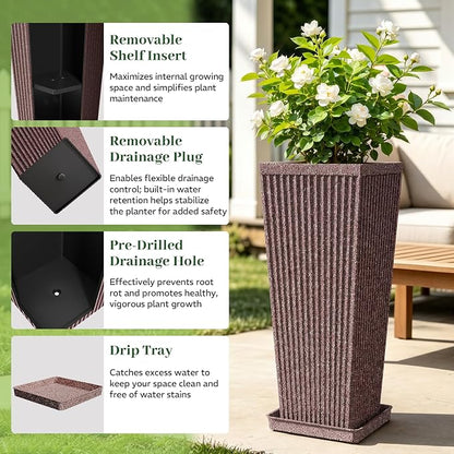 24" Square Tall Planters for Outdoor Plants Set of 2 - Faux Concrete Classic Tapered Indoor Flower Pots with Tray/Drainage Holes/Partition, Large Outdoor Planters for Porch Patio Garden, Brown