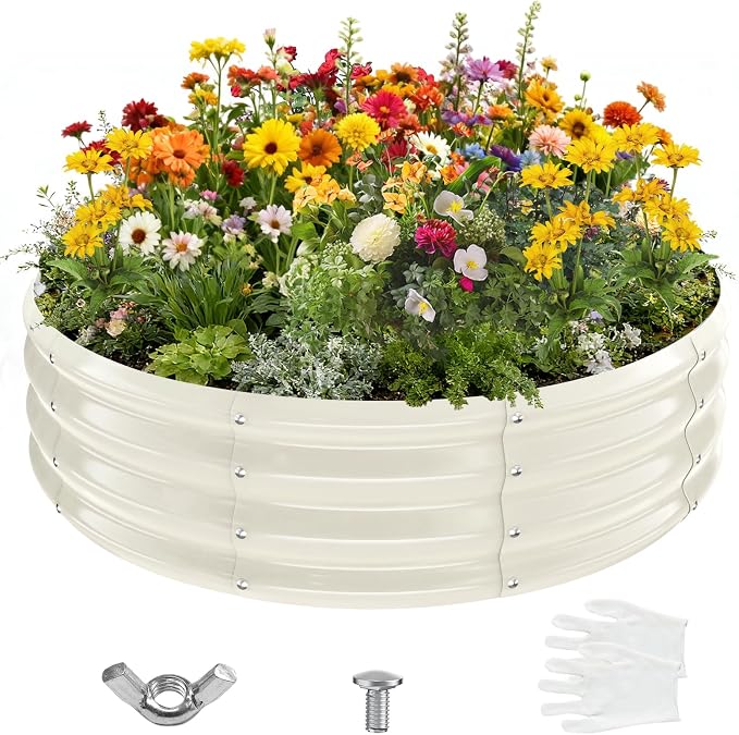 12 Inch Tall 48 Inch Diameter Round White Raised Garden Bed Kits Outdoor | 1 FT Tall,4 FT Planter Bed for Flowers,Herbs,Vegetables,Trees,0.8MM Thick Galvanized Metal Painted,with Gloves,Tool free
