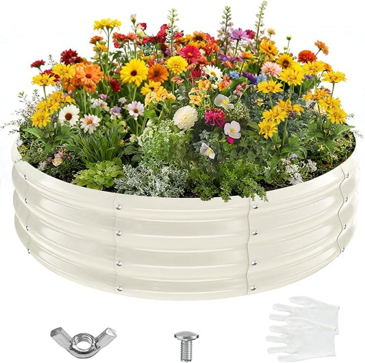 12 Inch Tall 48 Inch Diameter Round White Raised Garden Bed Kits Outdoor | 1 FT Tall,4 FT Planter Bed for Flowers,Herbs,Vegetables,Trees,0.8MM Thick Galvanized Metal Painted,with Gloves,Tool free