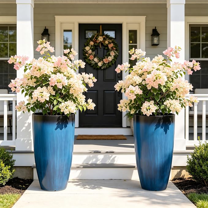 Autodaya 23.8" Tall Planters Set of 2, Large Plastic Plant Pots with Artistic Floating Cobalt Blue Glaze, UV-Resistant Lightweight PP Flower Pots for Outdoor Indoor Plants, Garden, Patio, Deck, Porch | Artistic Floating Cobalt Blue Glaze, Lightweight U...